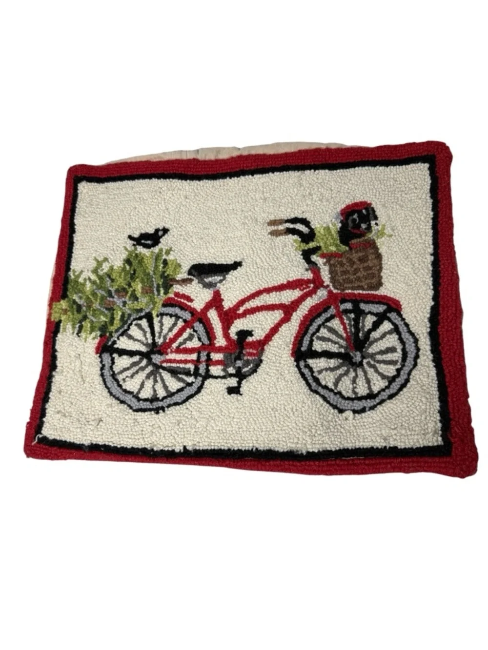 Red Bicycle Hooked Accent Pillow Cover with Cream Background